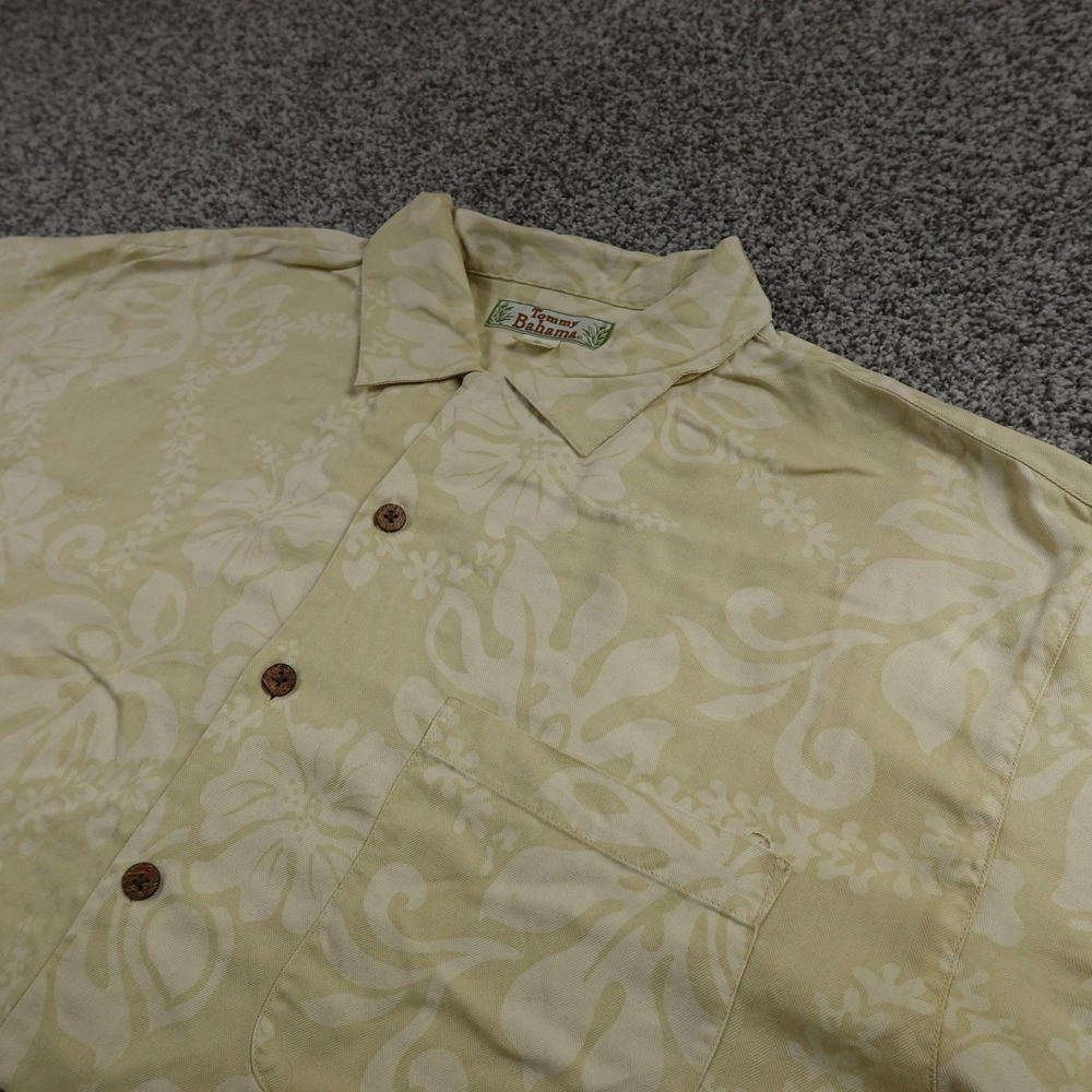 Tommy Bahama Shirt Mens XL Yellow Silk Floral Aloha Hawaiian Camp Loop Collar